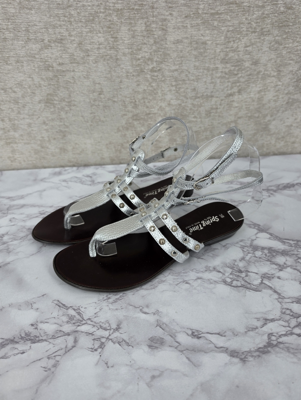 Italian Leather Metallic Silver Studded T-Strap Women's Sandals